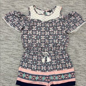 My Michelle Cream Lace Top with Navy & Coral Trim